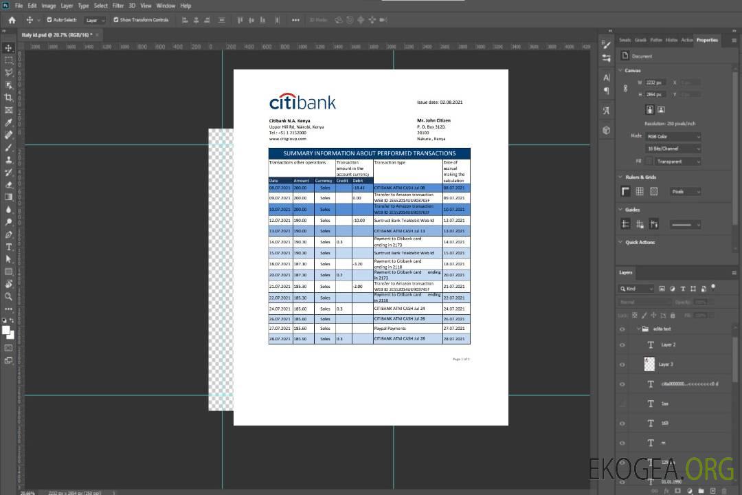 Modèle de relevé bancaire Kenya Citibank facile à remplir au format de fichier .xls et .pdf template